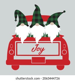Christmas truck with christmas gnome svg cut file for winter home decoration. Vector illuctration for cutting machine. Christmas gnome with buffalo plaid hat. Red vintage truck with gnome.  svg
