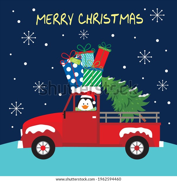 Christmas\
truck and penguin for christmas greeting\
card