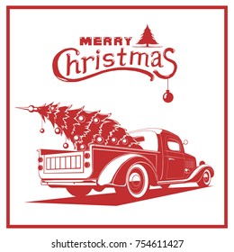 Christmas truck in red color, vector illustration, isolated on white, monogram