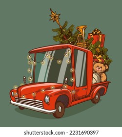 Christmas Truck. Red vintage truck full of Christmas presents and decorated with garlands.