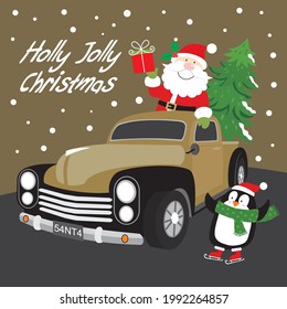 Christmas truck, santa and penguin for chistmas greeting card