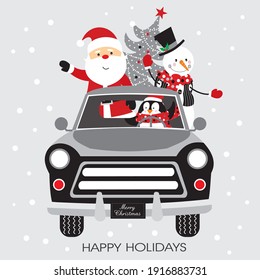 Christmas truck, santa and snowman for greeting card or christmas gift bag and box