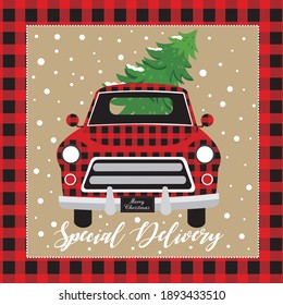 Christmas truck and tree with buffalo plaid for greeting card or christmas gift bag or box design