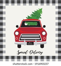 Christmas truck and tree with buffalo plaid for greeting card and christmas gift bag or box