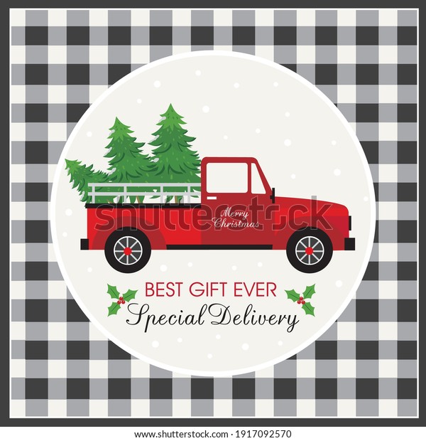 Christmas truck and tree, buffalo plaid for greeting\
card or gift bag and\
box