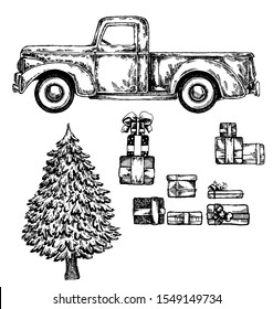 Christmas truck with christmas tree and gifts, presents. Happy new year