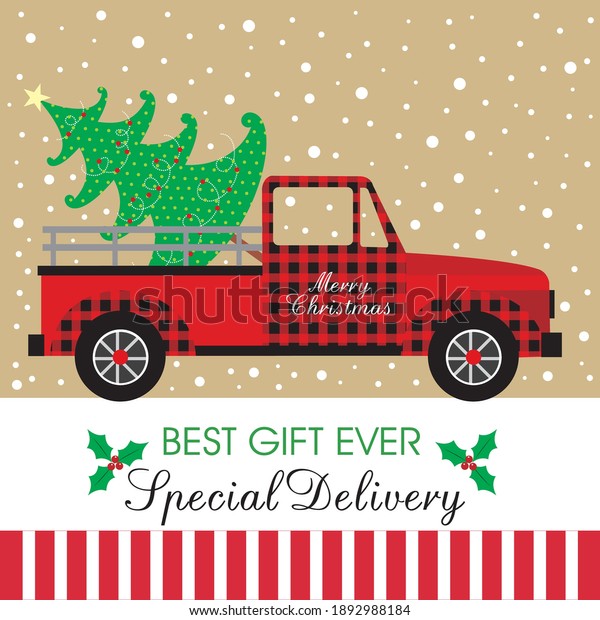 Christmas truck and tree for greeting card or\
christmas gift bag and\
box