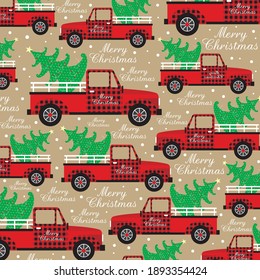 Christmas truck and tree pattern with buffalo plaid for gift wrap, greeting card or christmas gift bag or box design