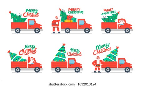 Christmas truck and Christmas tree. Red pickup with santa claus. Christmas tree and gift boxes