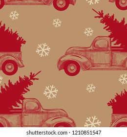 
Christmas truck with Christmas tree and snowflakes on craft paper. Vintage seamless pattern.Hand drawn vector illustration in sketch style. New Year's template.