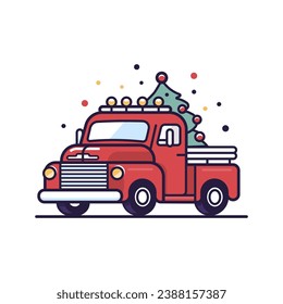 Christmas truck with Christmas tree. Vector illustration in flat linear style.