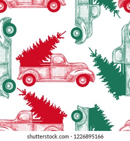 Christmas truck with Christmas tree .
Vintage seamless pattern. Hand drawn vector illustration in sketch style.  New Year's template.