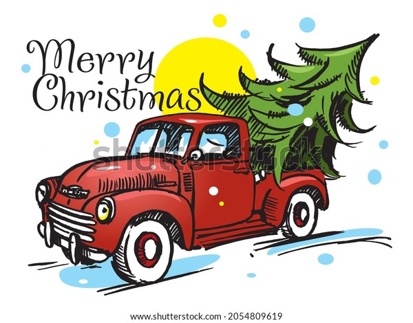 Christmas Truck and Tree. Vintage Silhouette Red\
Truck. Winter Vector. Merry Christmas. Christmas Tree on retro\
Truck. Clipart