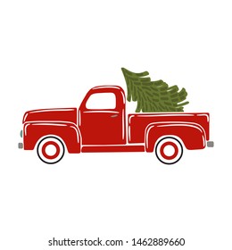 Christmas truck. Vintage red pickup truck with fir tree isolated on a white background. Vector cartoon flat illustration.