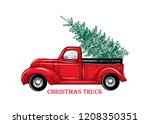 
Christmas truck. Vintage vector illustration Christmas red truck with a Christmas tree on a white background. Retro card. Color sketch.