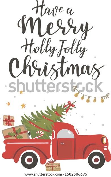 Christmas truck. Vintage vector illustration\
Christmas red truck with a Christmas tree on a white background.\
Retro card