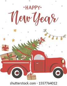 Christmas truck. Vintage vector a Christmas tree on a white background