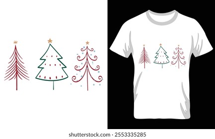 Christmas T-shirt Design with Line Art Tree Design, Download Print-Ready File.