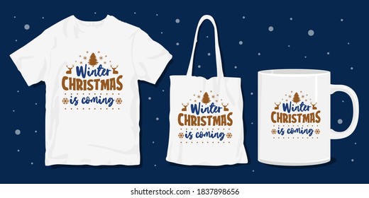 Christmas t-shirt design. Christmas typography. Christmas craft for merchandise. Winter designs. Christmas t shirt designs template with bag and mug mockup for merchandising