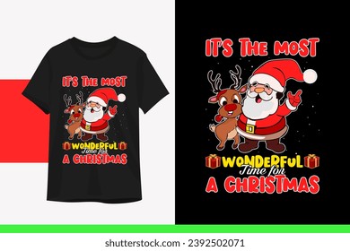 Christmas t-shirt design vector template. Cute Deer Santa Claus design with x mas gift, funny hand drawn Sticker, cartoon type vector illustration.