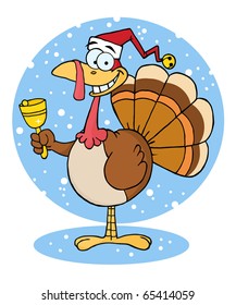 Christmas Turkey Cartoon Character Ringing A Bell