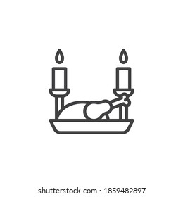 Christmas turkey dinner line icon. linear style sign for mobile concept and web design. Roasted chicken and candles outline vector icon. Symbol, logo illustration. Vector graphics
