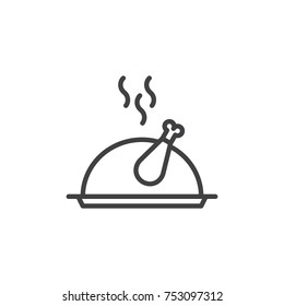 Christmas turkey food line icon, outline vector sign, linear style pictogram isolated on white. Roast chicken on tray symbol, logo illustration. Editable stroke