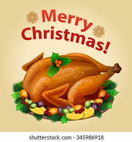 Christmas Turkey on platter with garnish, traditional food. Vector illustration