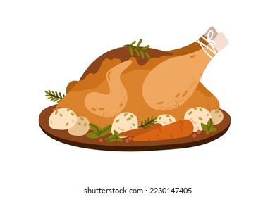 Christmas turkey roasted with vegetables. Whole chicken grilled cooked for holiday dinner. Xmas and Thanksgiving festive dish, traditional food. Flat vector illustration isolated on white background