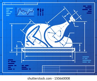 Christmas Turkey Symbol Like Blueprint Drawing. Stylized Drawing Of Roast Turkey On Blueprint Paper. Vector Image About Cooking, Holiday Meals (christmas, Thanksgiving), Recipes, Gastronomy, Food, Etc