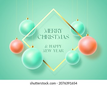 Christmas Turquoise Pastel Baubles on Gentle Background. Modern Golden Glitter Greetings Frame Template. Winter Holiday Social Media Card or Poster Mockup. New Year 3D Ball Social Network Banner.