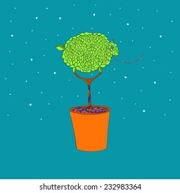 Christmas turquoise vector background with a topiary sheep and snowflakes.