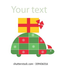 Christmas turtle with gift on the shell. Christmas greeting card. Vector illustration