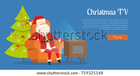 christmas tv calm rest concept vector illustration sitting santa claus in orange big armchair near - Christmas Tv christmas tv calm rest concept vector illustration sitting santa claus in orange big armchair near - Christmas Tv