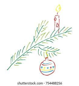 Christmas twig with candle and ornament bulb, vector icon. Christmas decorations. Still life with ornate twig. Doodle.