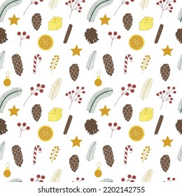 Christmas twigs and cones seamless pattern vector illustration, hand drawn 