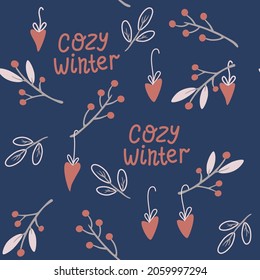 Christmas twigs seamless pattern. Berries, flowers, hearts, holly leaves, decorations. Cozy winter. Happy New Year design for greeting cards, wrapping papers. Vector cartoon background. 