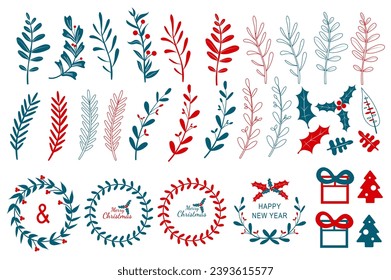 Christmas twigs and wreaths mega set in flat design. Bundle elements of xmas plant leaves, brunches with with berries and circle chaplets for decoration. Vector illustration isolated graphic objects