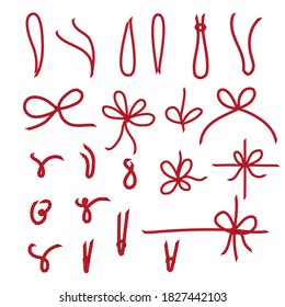 Christmas twine bows and rope set for price tags, gift cards twine bows set, Label paper, sale design, tring knot. Vector illustration.