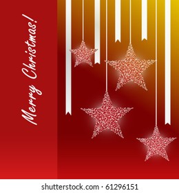 Christmas twinkling stars hanging with ribbons on red background