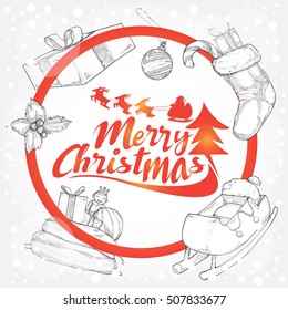 Christmas Typographic Background with  hand drawn Christmas elements.