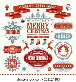 Christmas Typographic and Calligraphic elements, vintage labels, frames with Merry Christmas and Happy Holidays wishes.