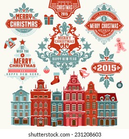Christmas Typographic and Calligraphic elements, vintage labels, frames with Merry Christmas and Happy Holidays wishes.