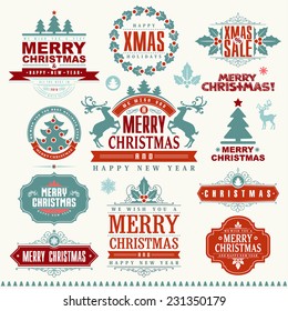 Christmas Typographic and Calligraphic elements, vintage labels, frames with Merry Christmas and Happy Holidays wishes.