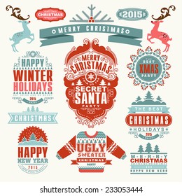 Christmas Typographic and Calligraphic elements, vintage labels, frames with Merry Christmas and Happy Holidays wishes. 