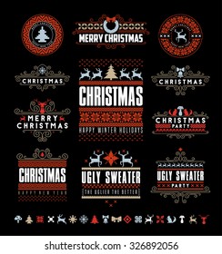 Christmas Typographic and Calligraphic elements, vintage labels, frames with Merry Christmas and Happy Holidays wishes. 