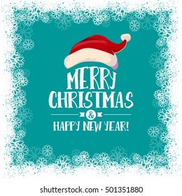 Christmas Typographic card with Santa hat and snowflakes border. Vector illustrtaion.