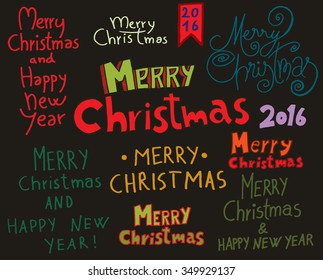 Christmas Typographic Doodle Set. Merry Christmas And Happy New Year