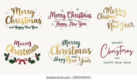 Christmas typographic emblems set. Merry christmas new year gold lettering with glitter. For banner, card, package.