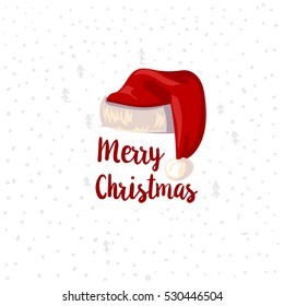 Christmas Typographic label. Merry Christmas greetings with Santa hat on decorative snowing background. Vector illustration. Retro styled design element.